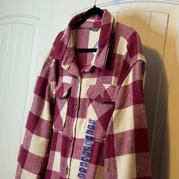 Members Mark 2X Plaid Flannel Shacket Shirt Jacket Oversized Maroon Cream NWT # - Picture 3 of 9